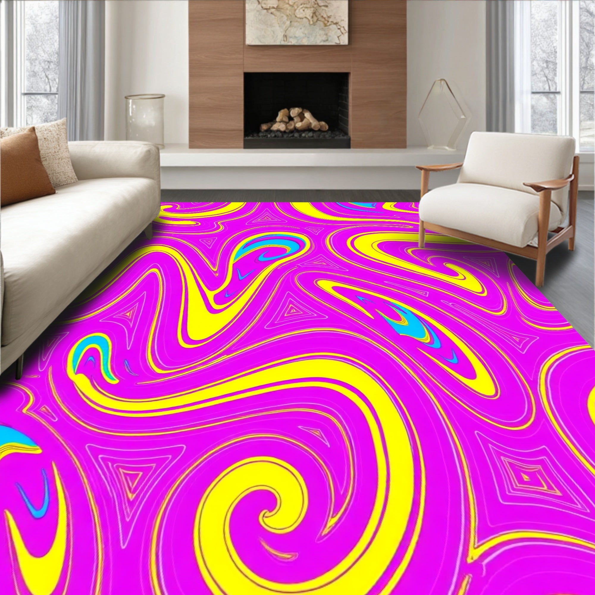 Vibrant Pink Yellow Swirl Triangles Rug