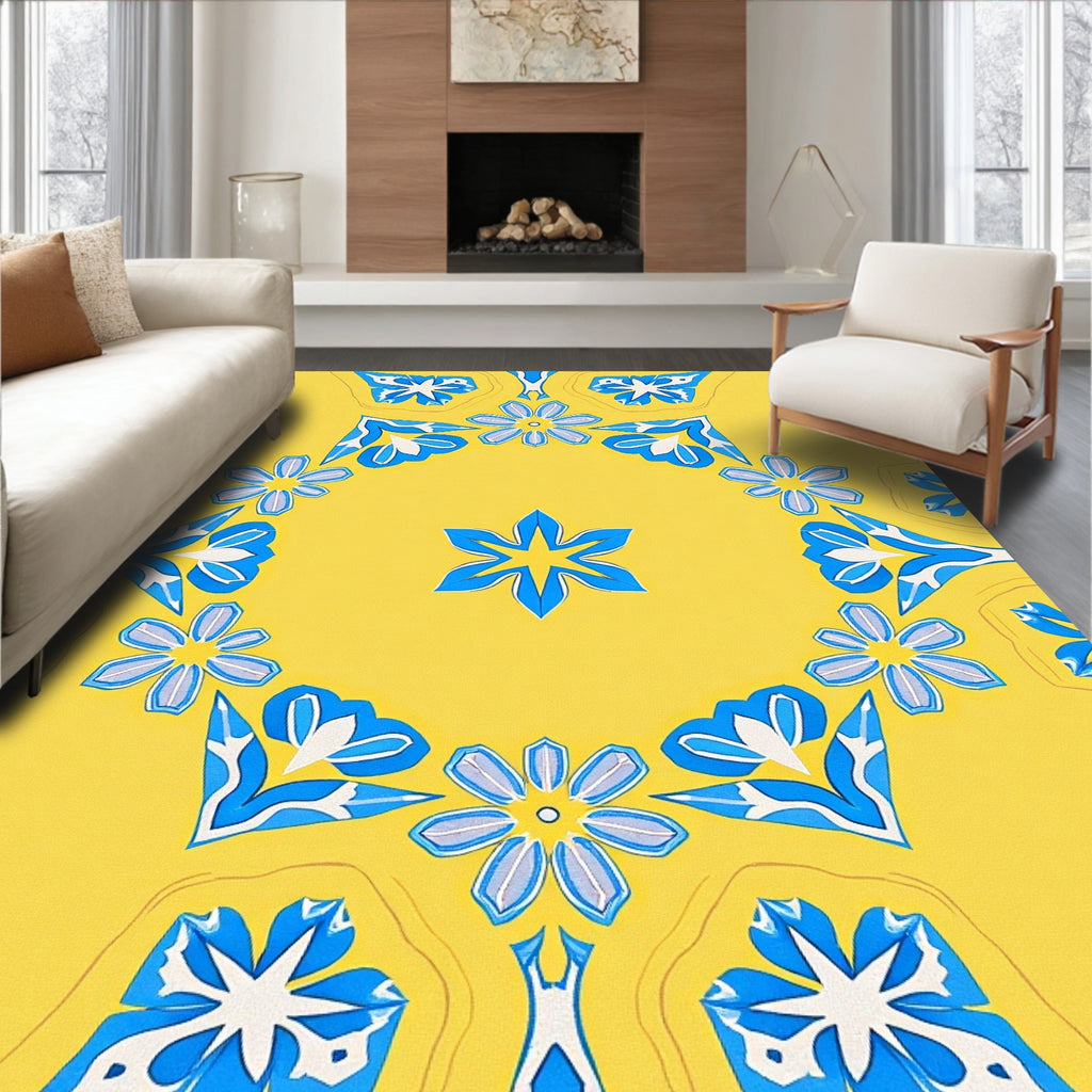 Bright Yellow Blue Floral Mandala Rug