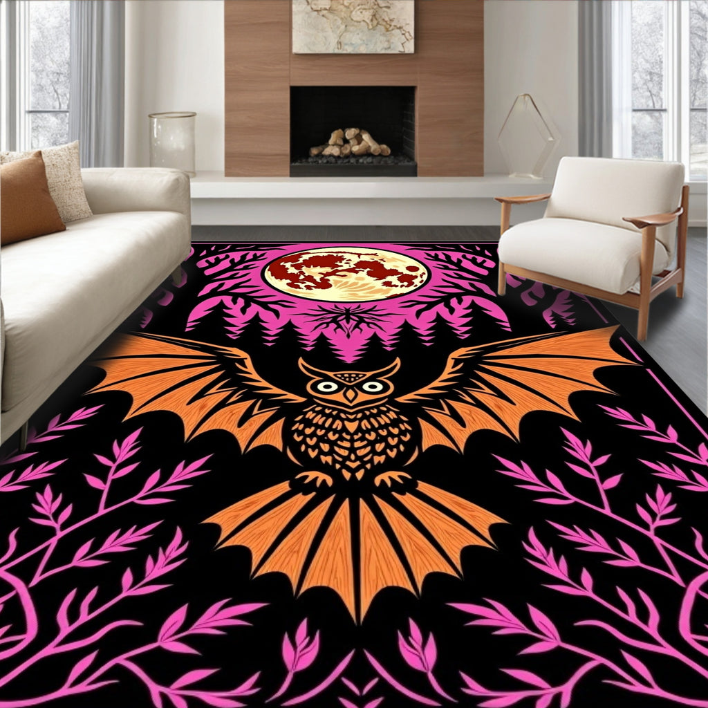 Golden Owl Full Moon Forest Scene Rug