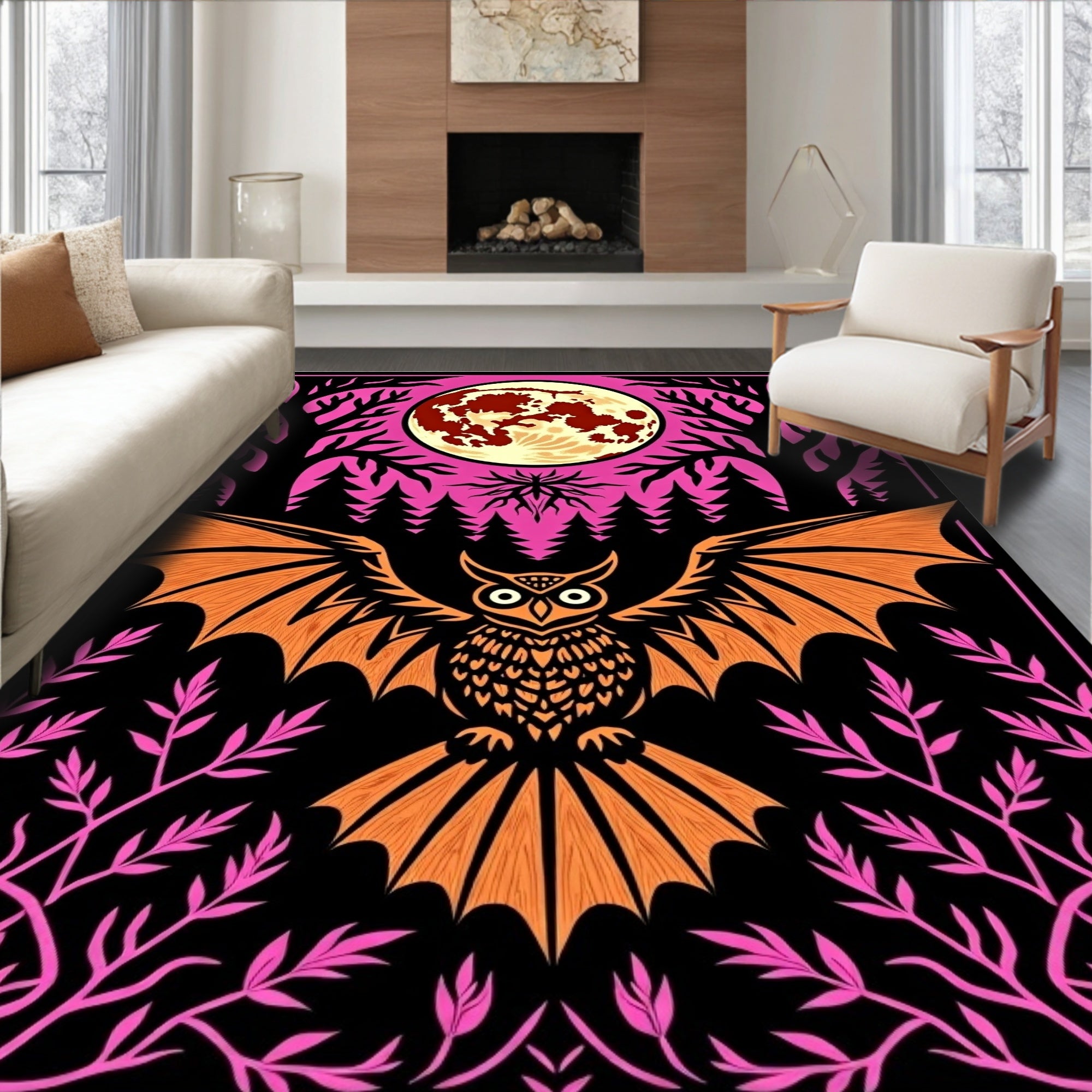 Golden Owl Full Moon Forest Scene Rug