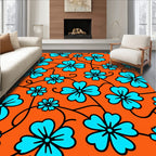 Vibrant Teal Flowers Orange Background Rug