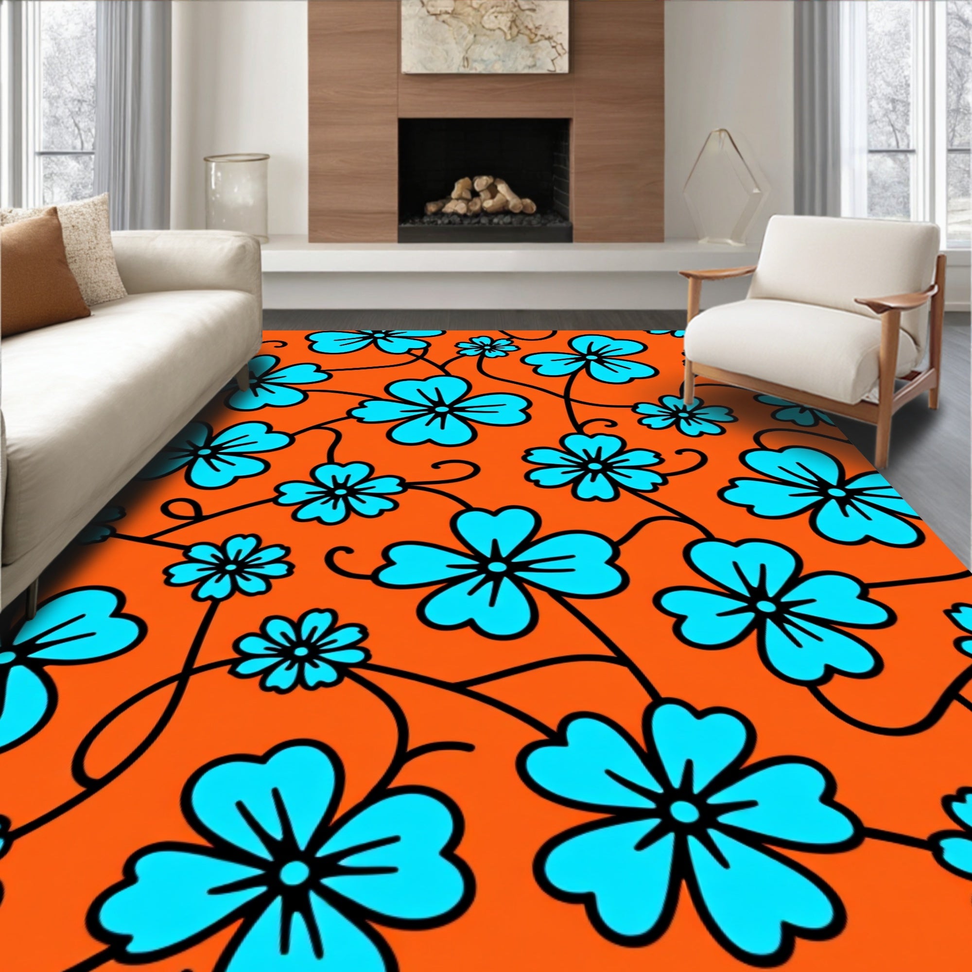 Vibrant Teal Flowers Orange Background Rug