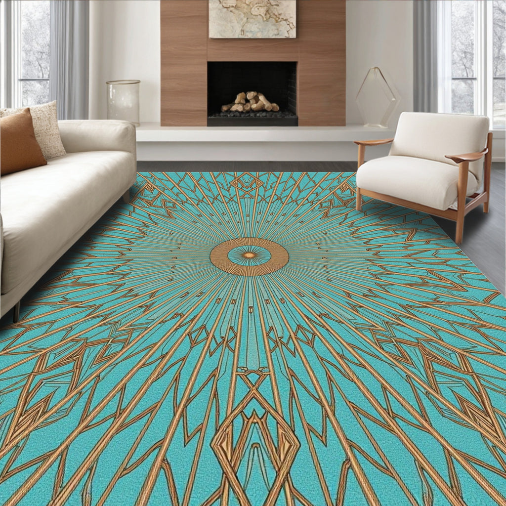 Abstract Teal Golden Sunburst Rug