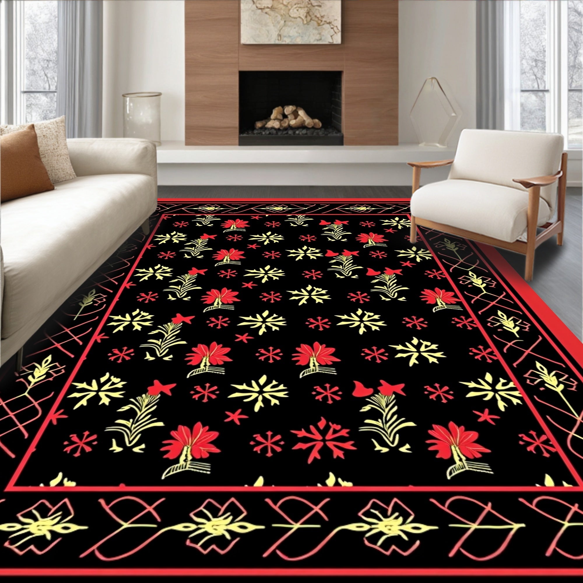 Bold Red Yellow Floral Border Rug