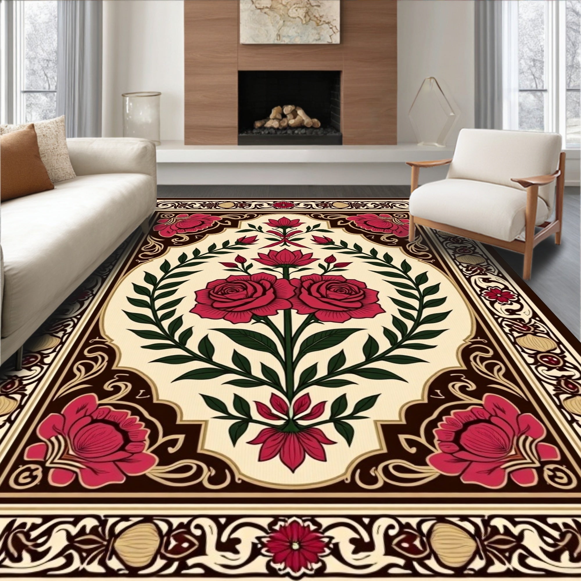 Crimson Rose and Vine Garden Panel Rug