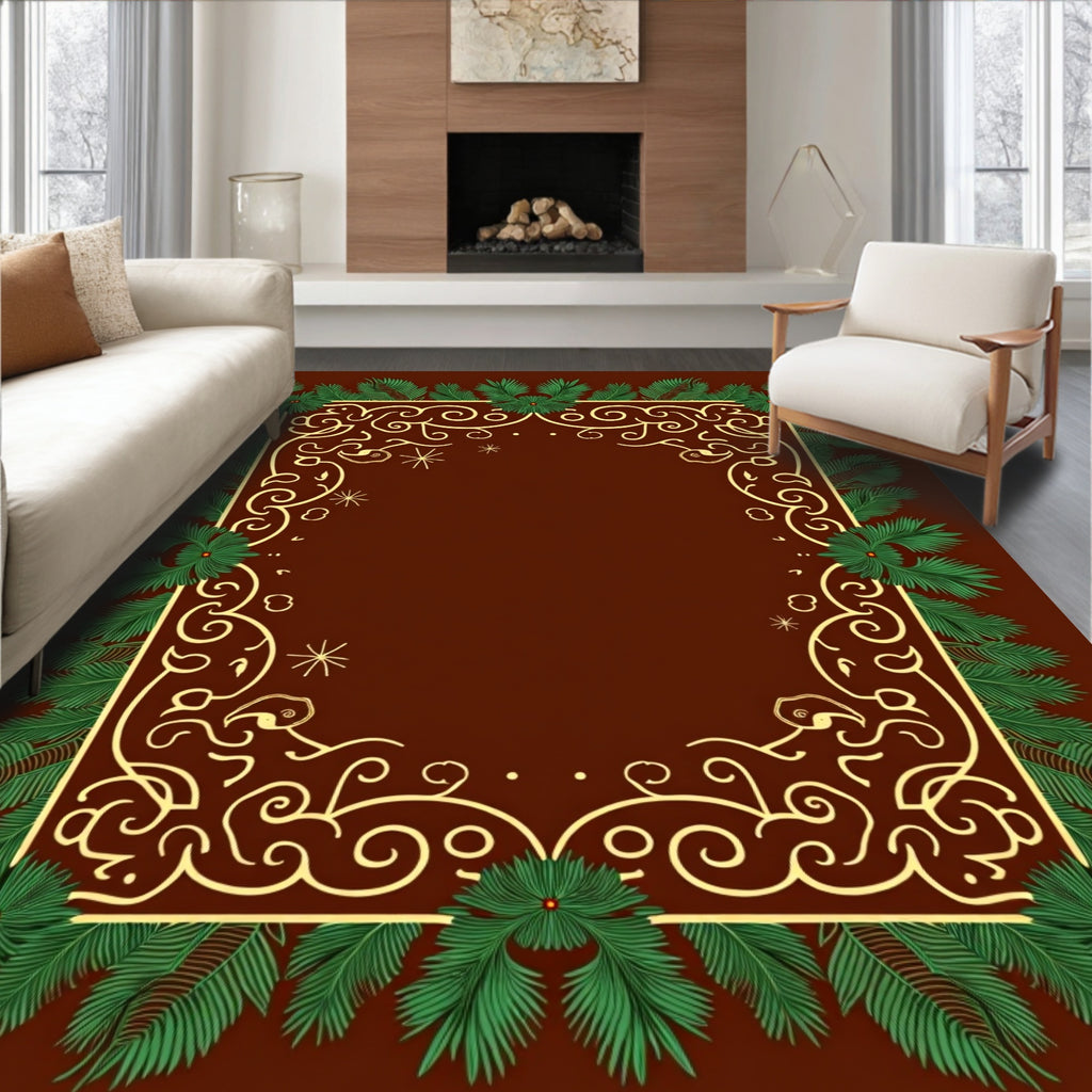 Golden Swirl Festive Pine Boughs Rug
