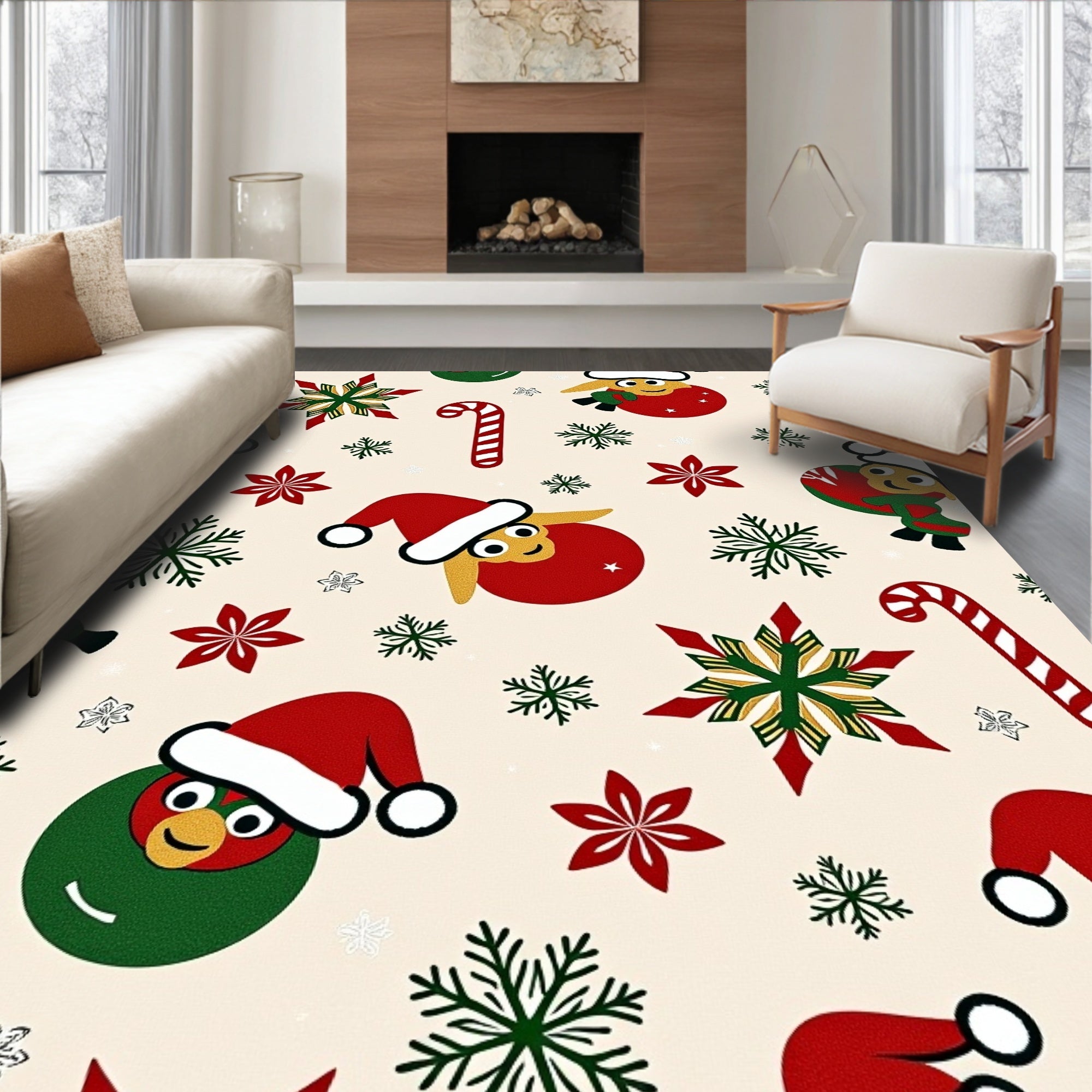Jolly Christmas Figures Snowflakes Candy Canes Rug