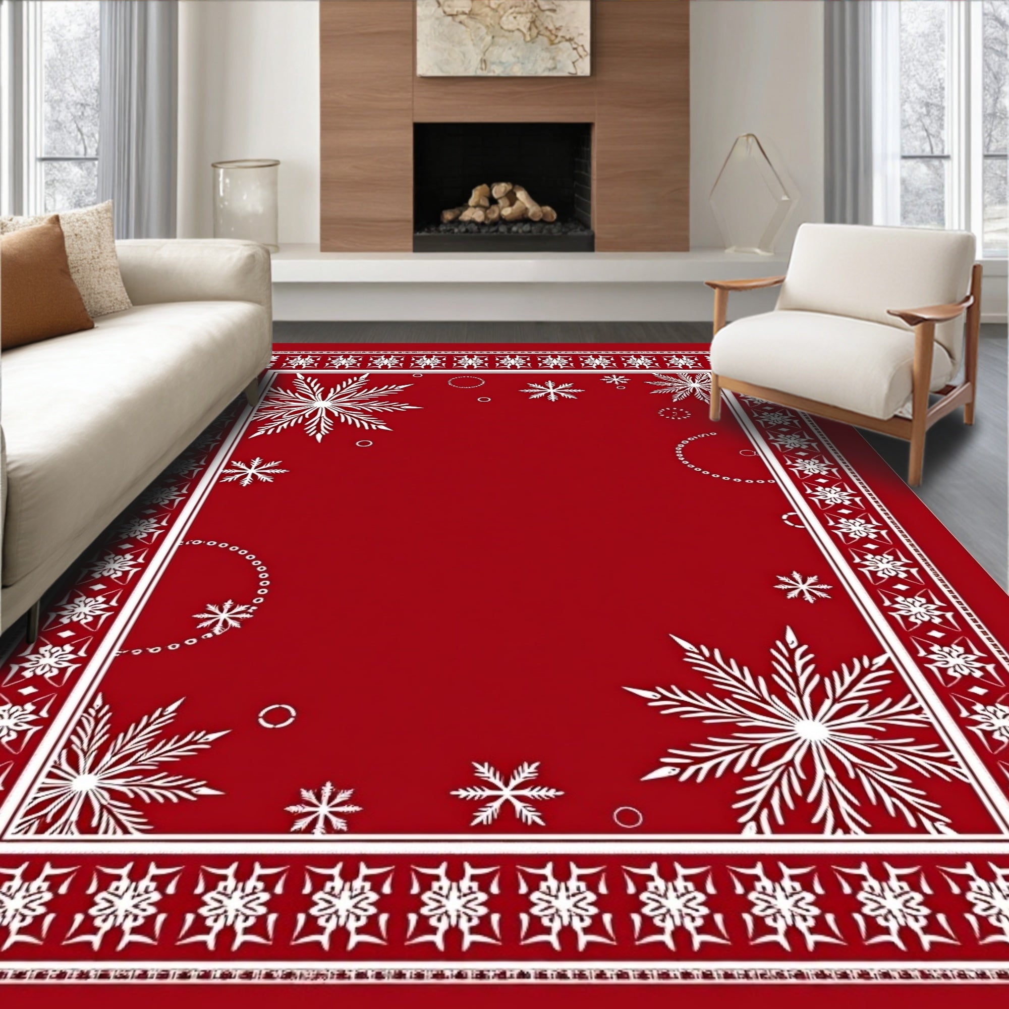 Winter Snowflake Red Border Throw Rug