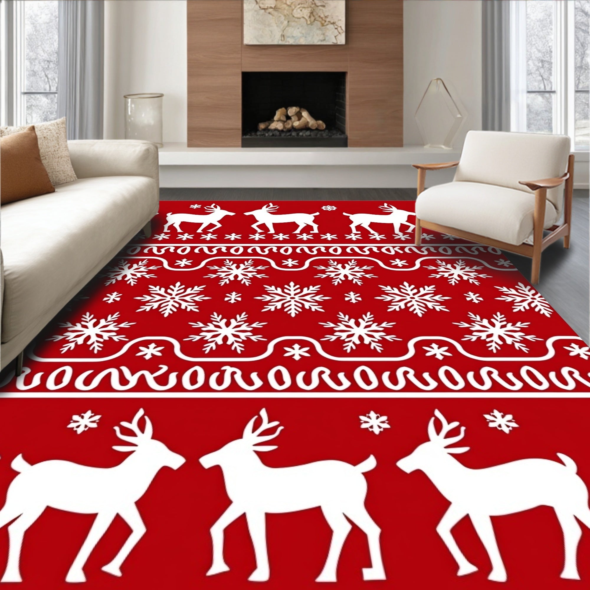 Red White Reindeer Snowflake Holiday Rug