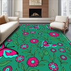 Pink Butterfly Blooming Garden Teal Rug