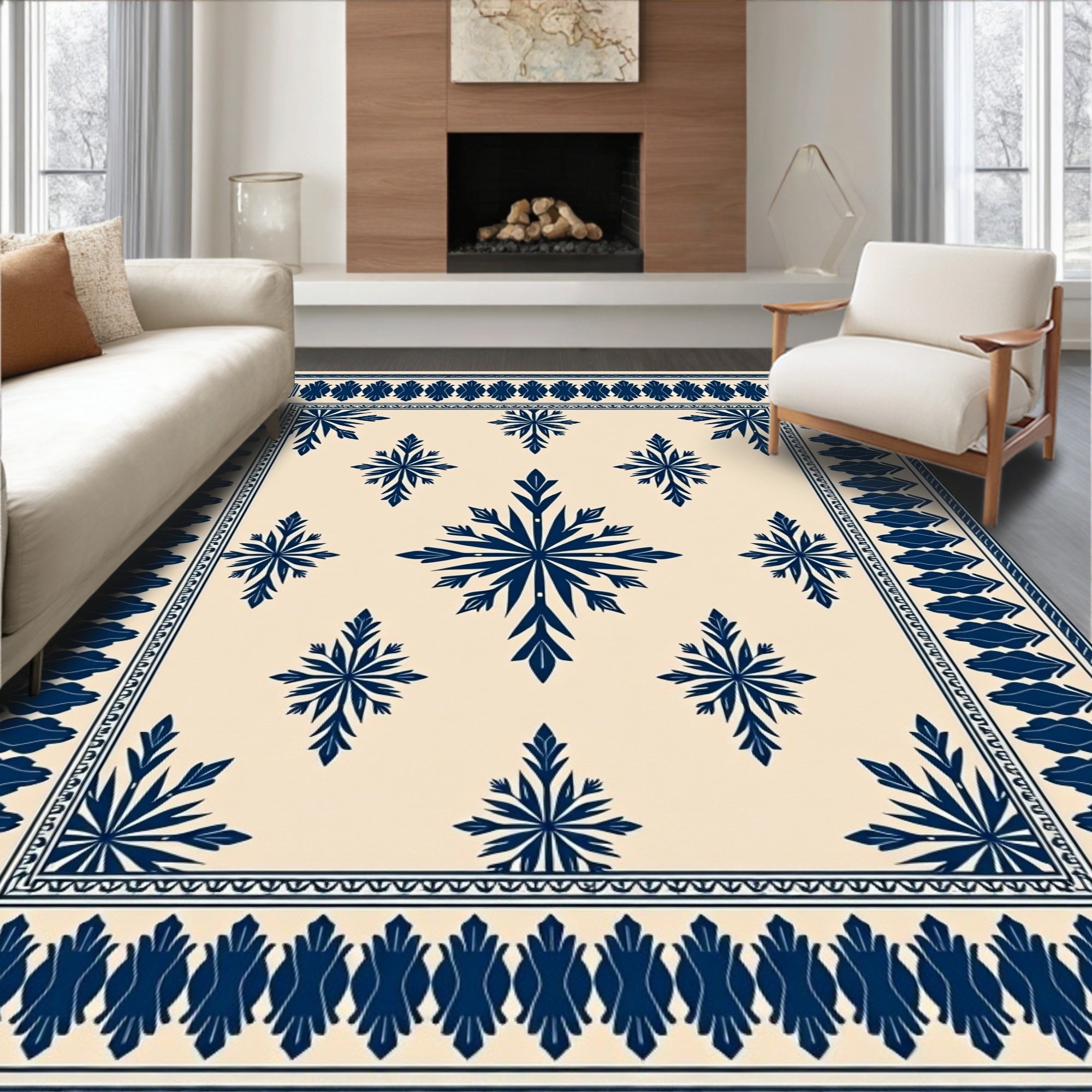 Navy Blue Floral Medallion Cream Rug