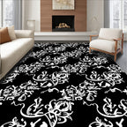 Intricate White Floral Scrollwork Black Rug