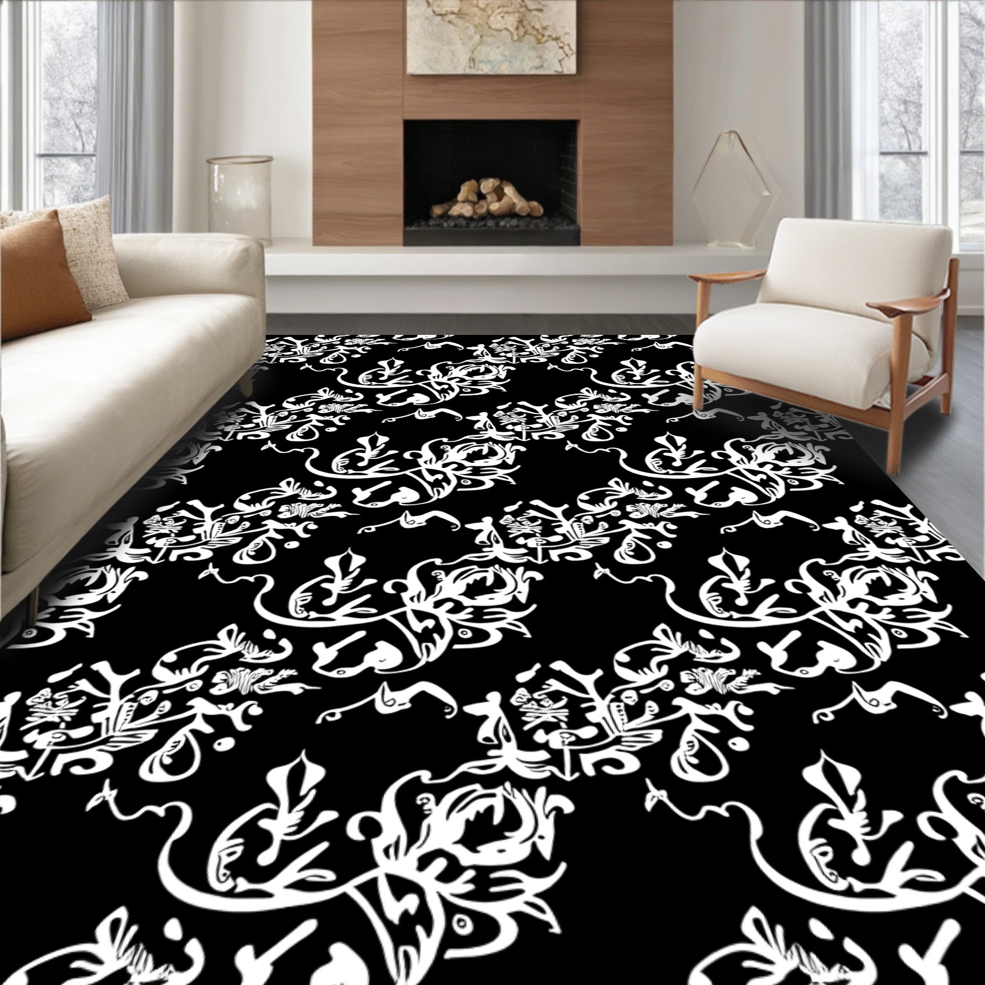 Intricate White Floral Scrollwork Black Rug