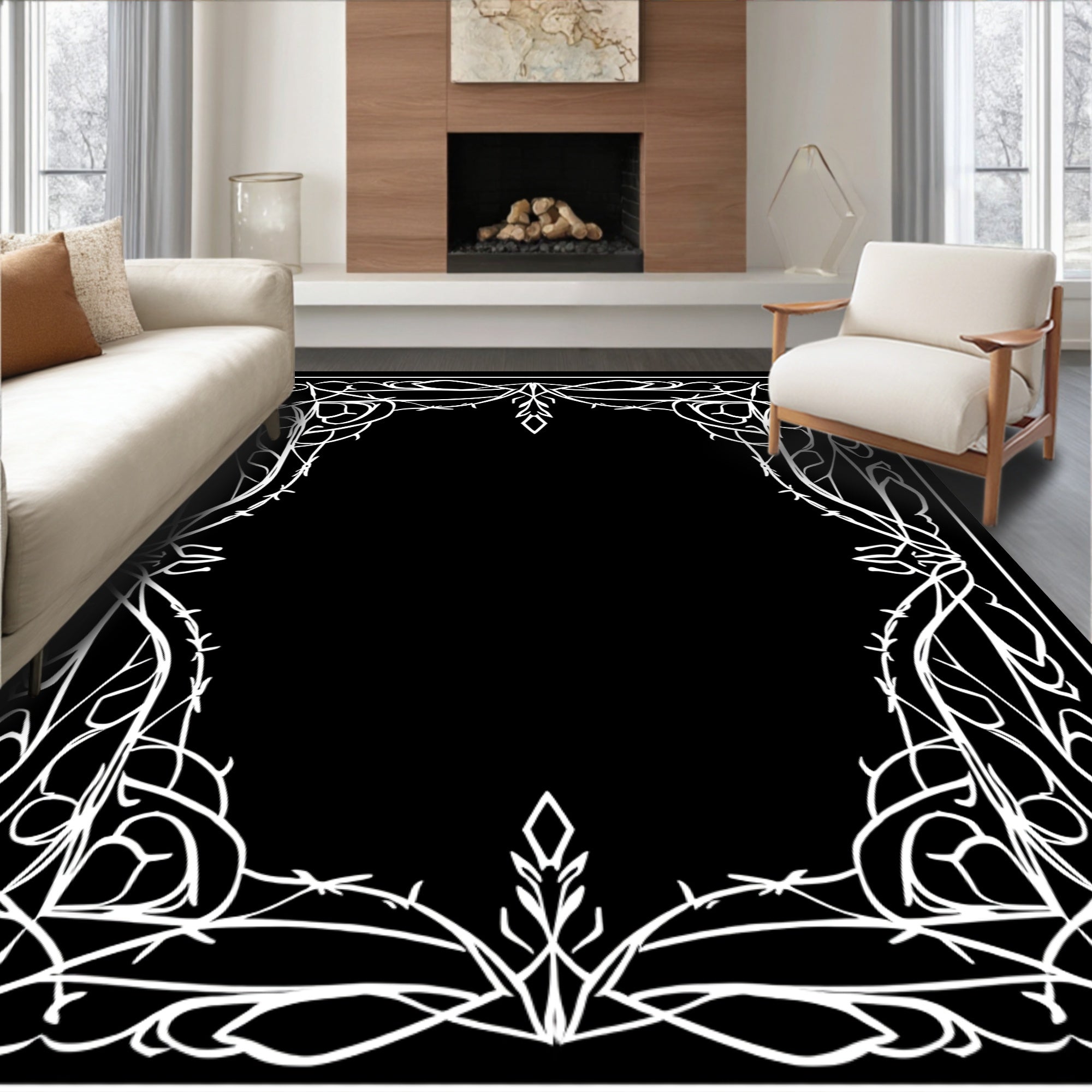White Art Nouveau Floral Vine Frame Rug