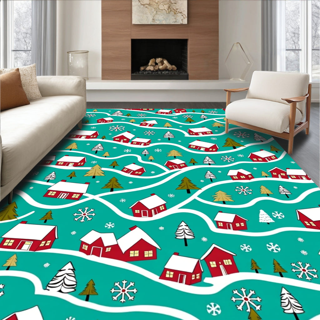 Cozy Red Houses Snowflakes Teal Rug