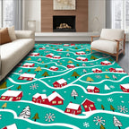 Cozy Red Houses Snowflakes Teal Rug