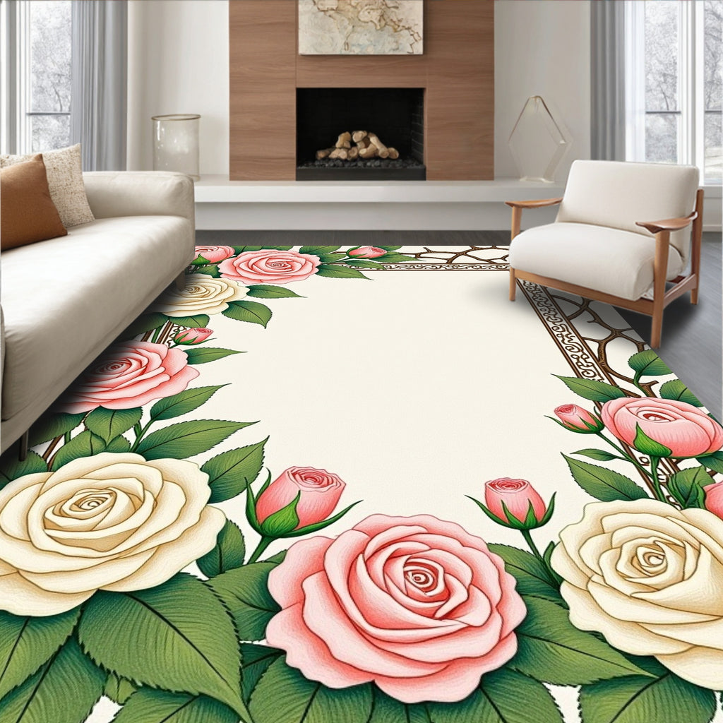 Pink Cream Rose Floral Garland Rug