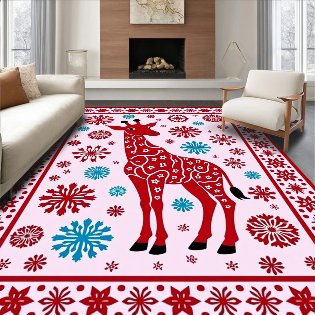 Red Giraffe with Snowflakes Border Rug