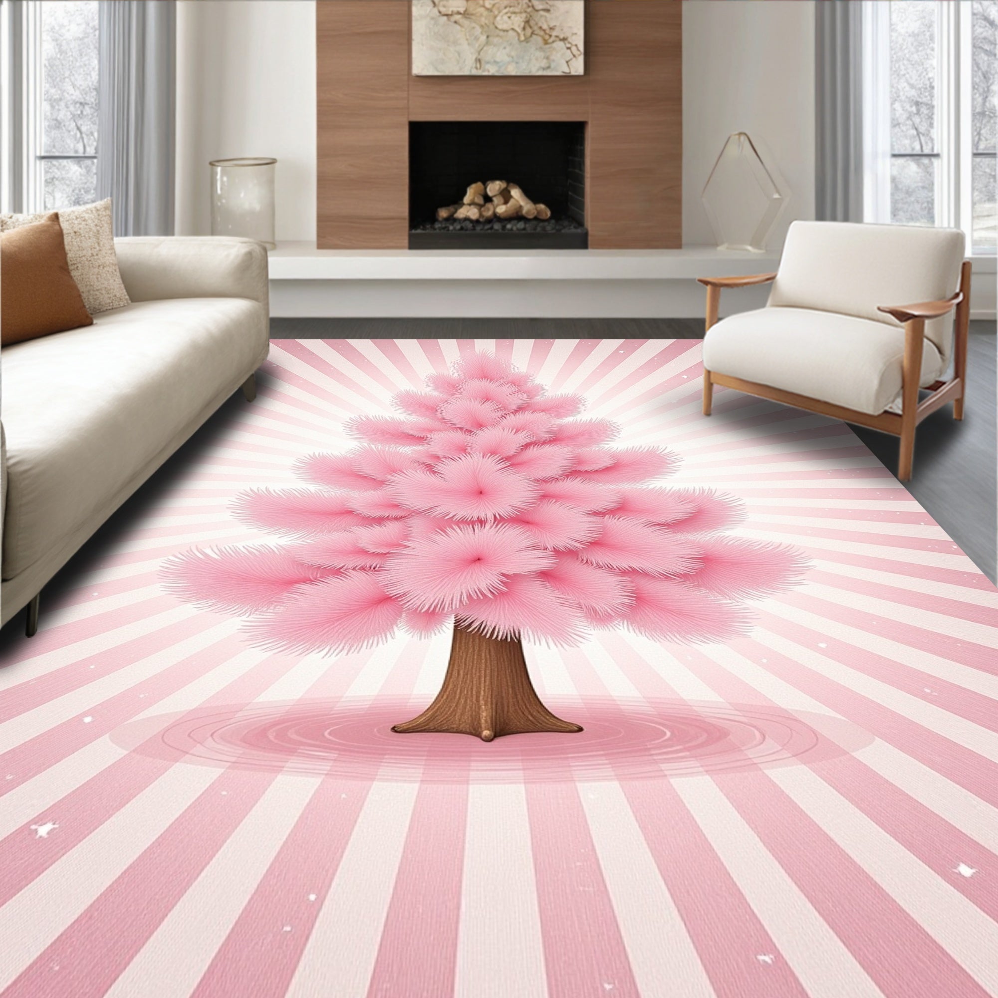 Pink Fluffy Tree Stripes Rug