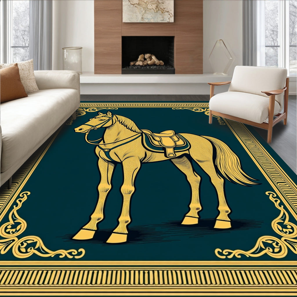 Elegant Golden Horse Framed Illustration Rug