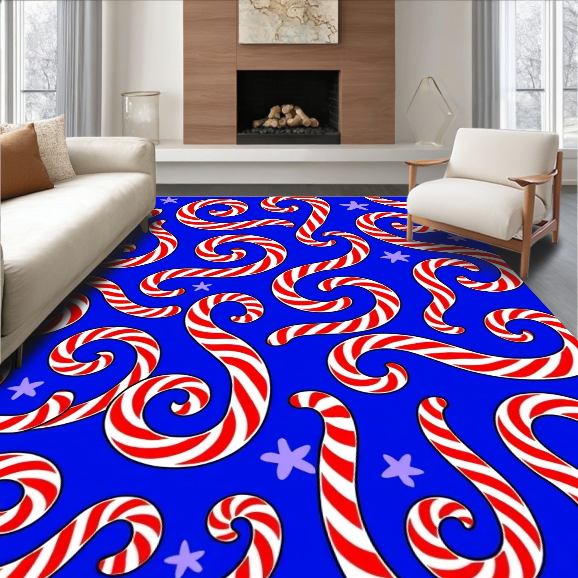Crimson Swirl Candy Cane Stars Rug