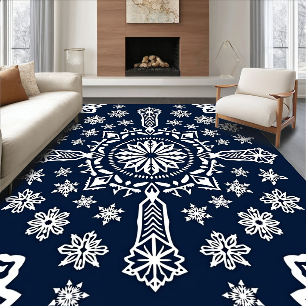 Midnight Blue White Snowflake Mandala Rug