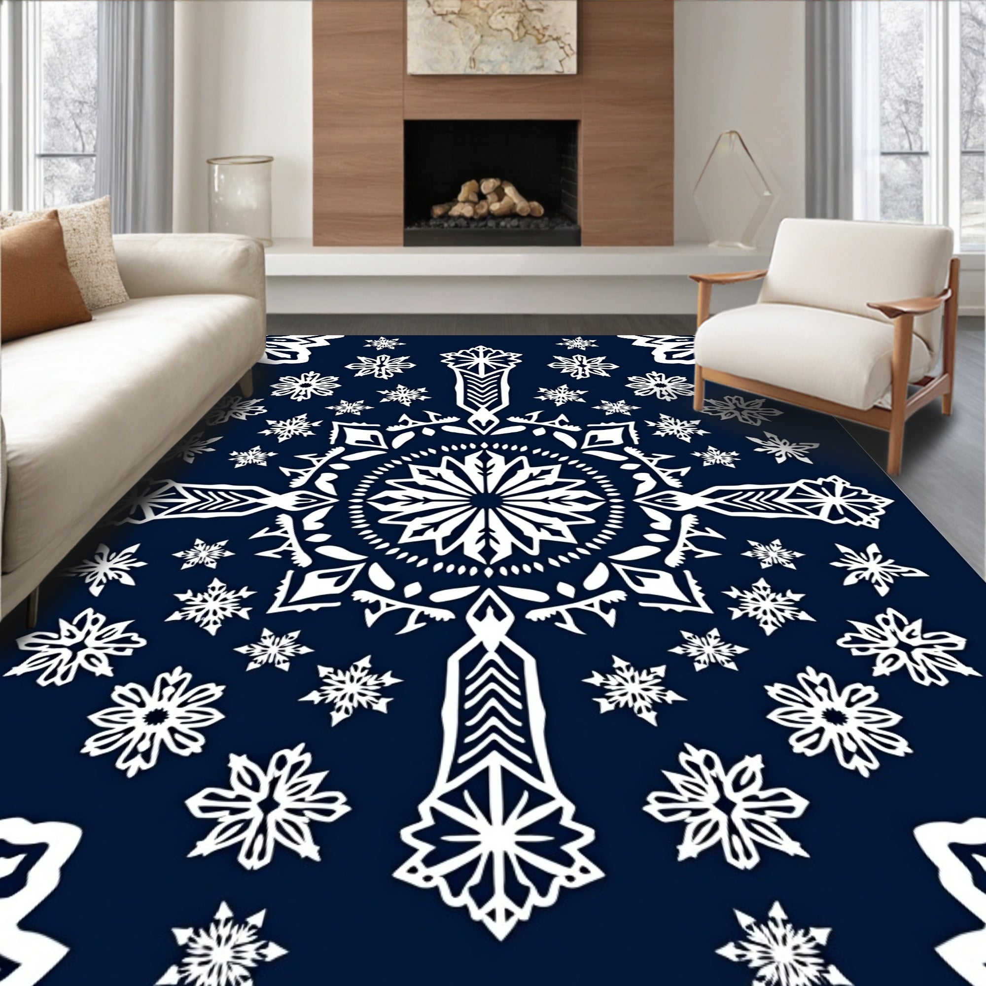 Midnight Blue White Snowflake Mandala Rug