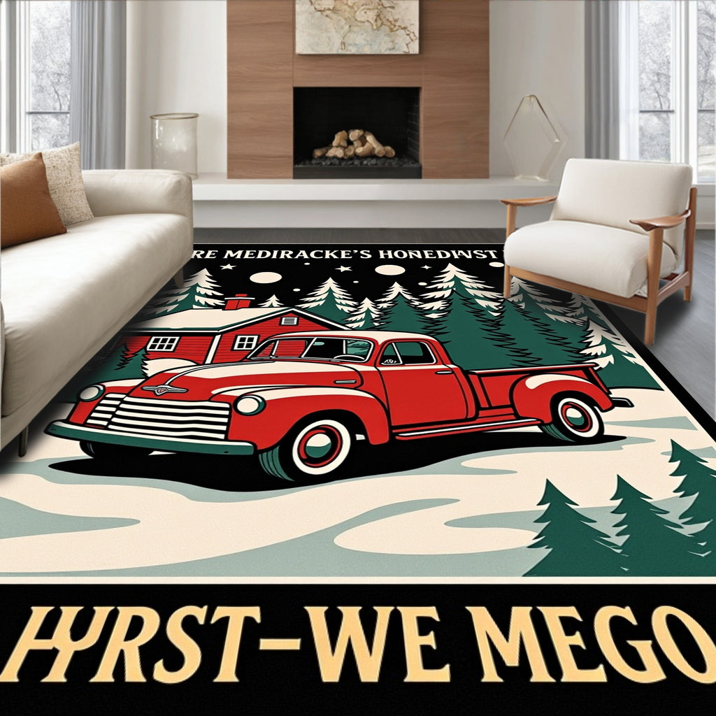 Vintage Red Truck Winter Cabin Scene Rug