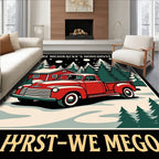 Vintage Red Truck Winter Cabin Scene Rug