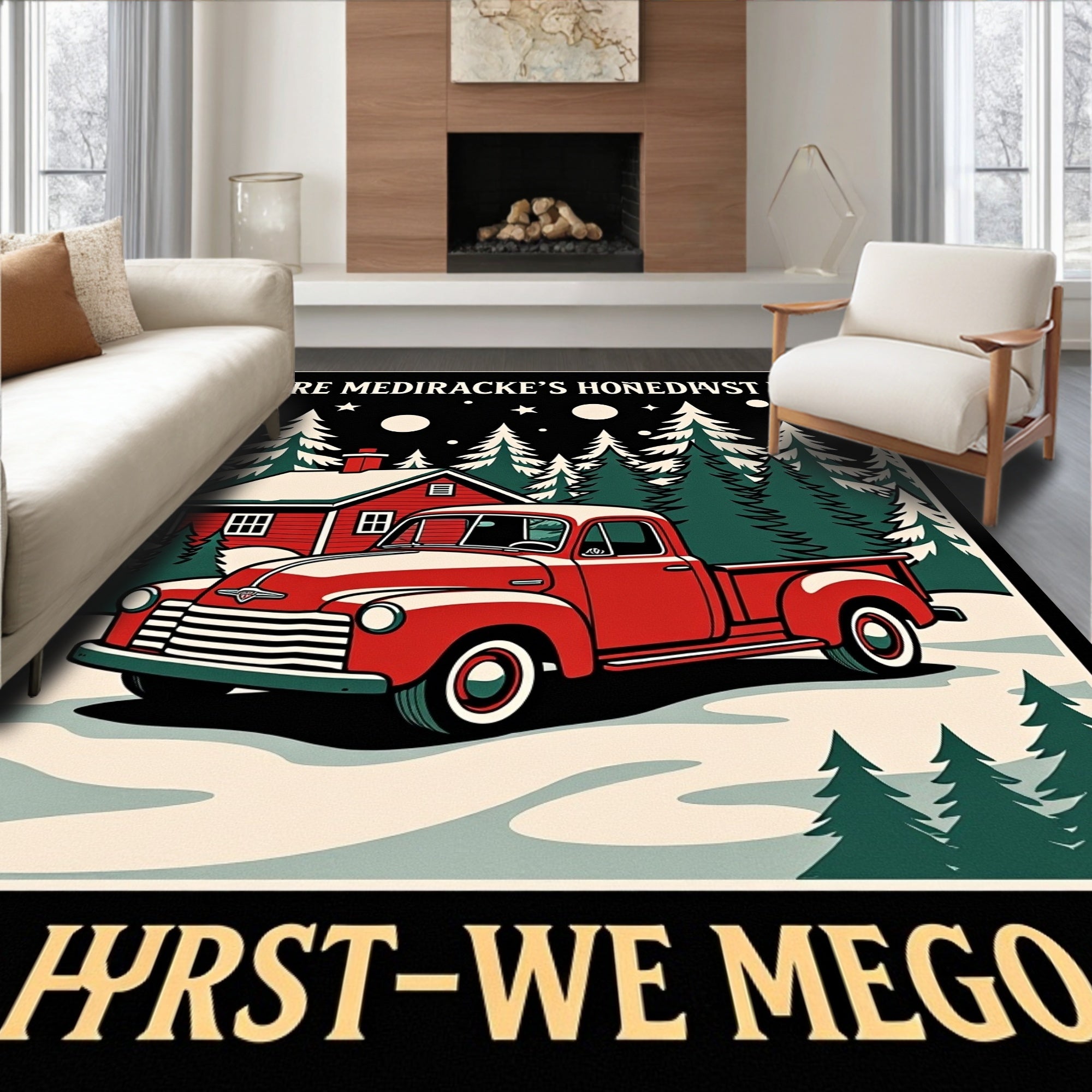 Vintage Red Truck Winter Cabin Scene Rug