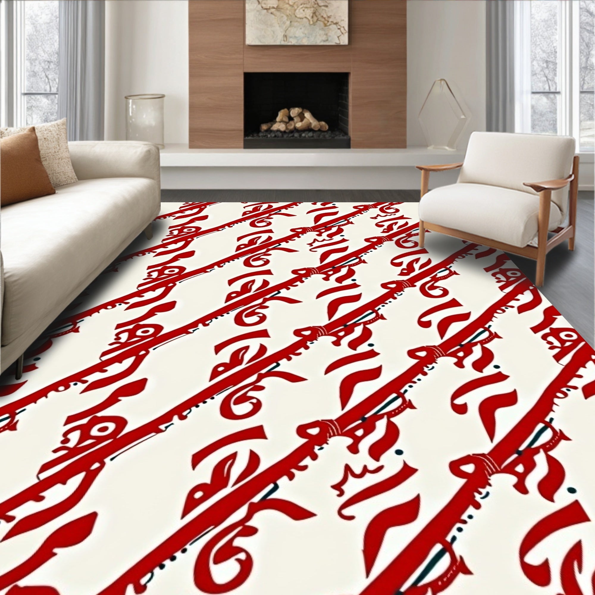 Crimson Red Cream Diagonal Flow Rug