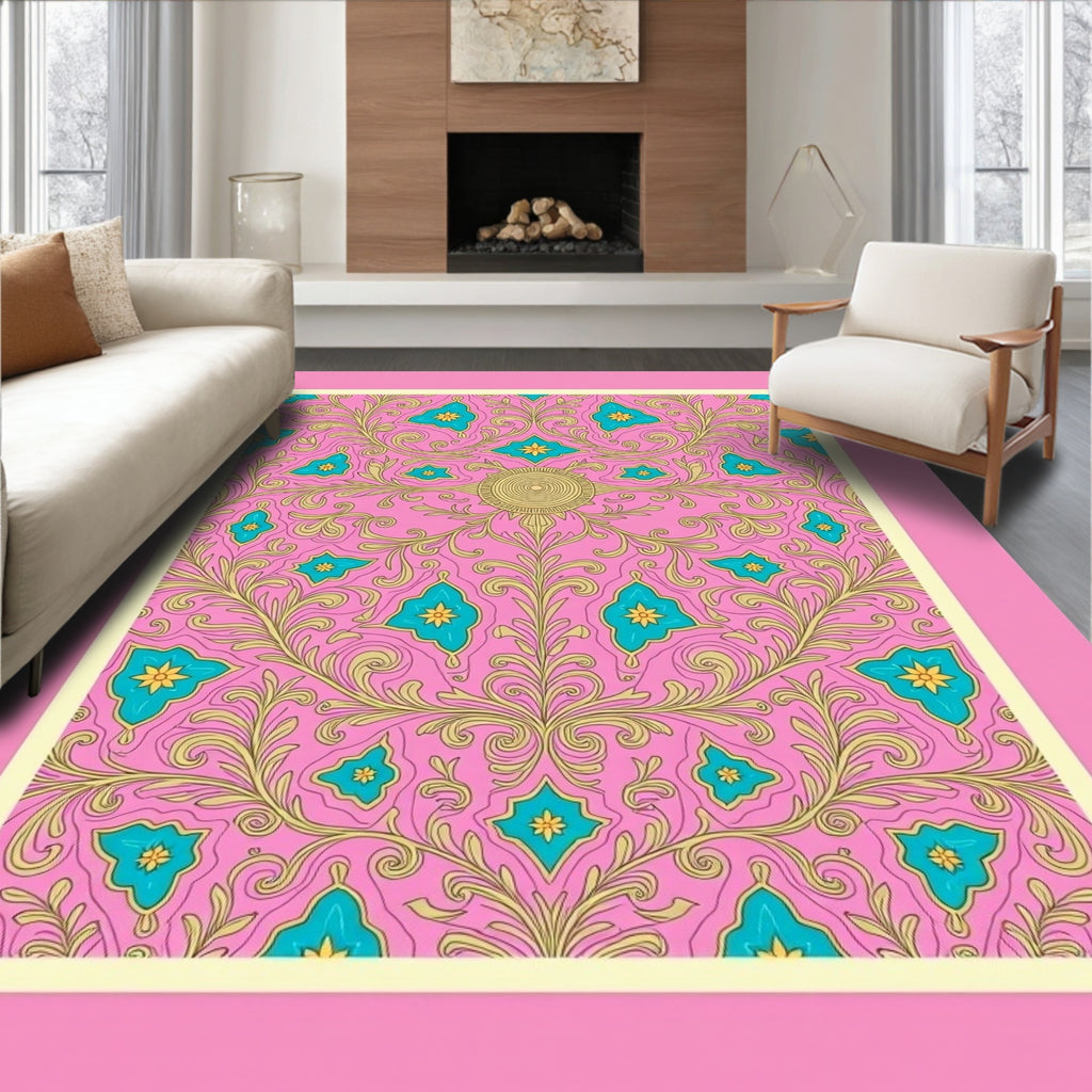 Pink Teal Golden Scroll Medallion Rug