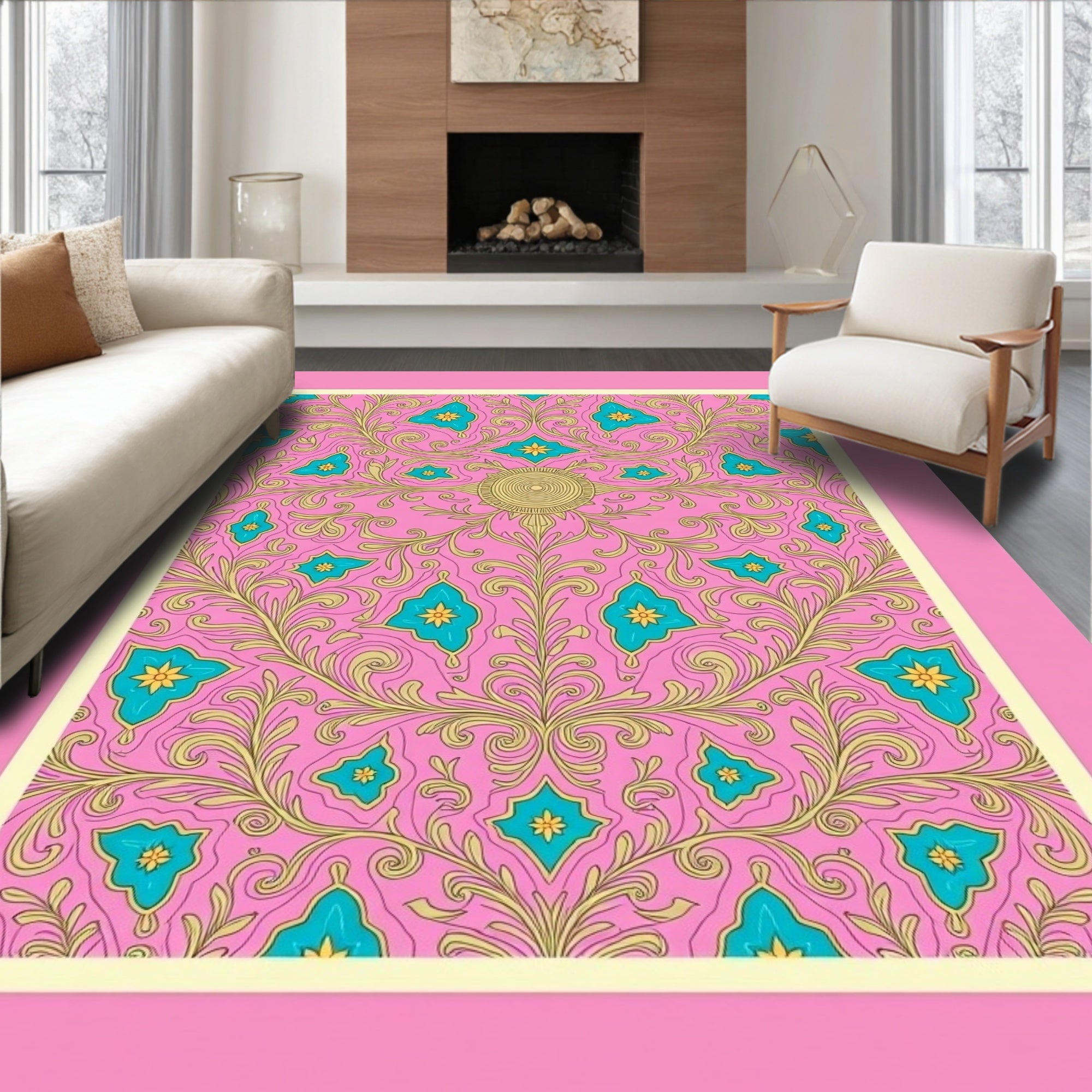 Pink Teal Golden Scroll Medallion Rug