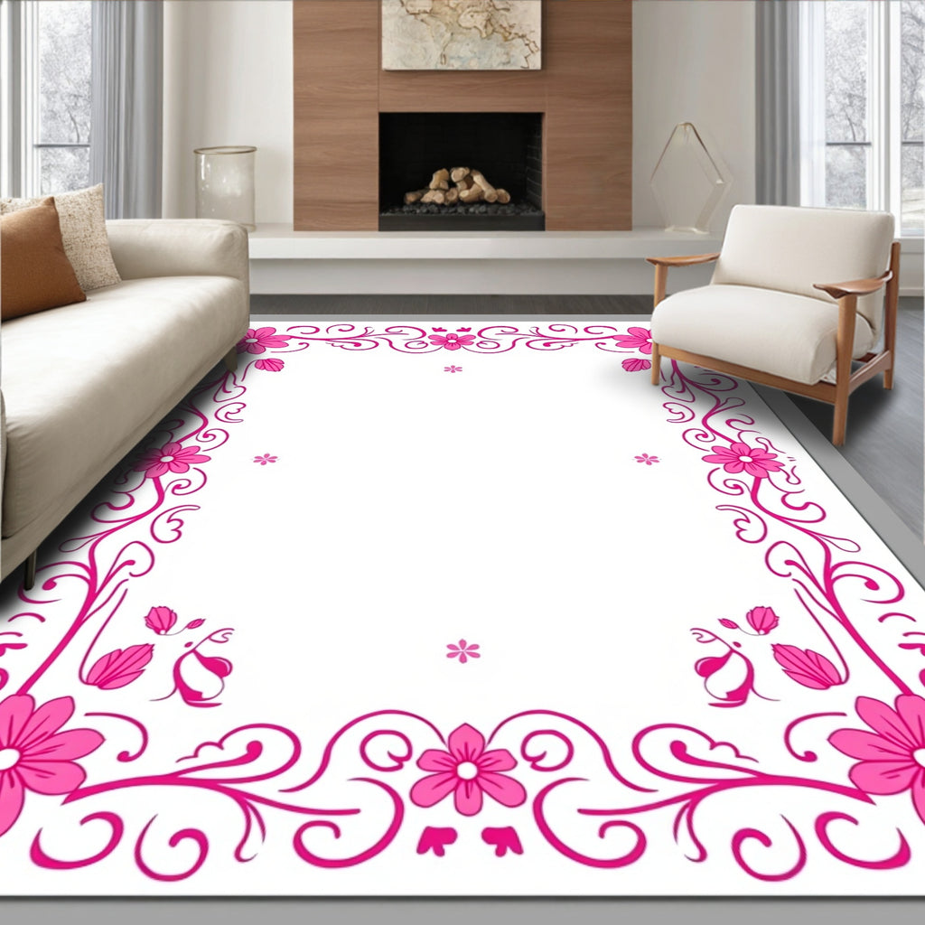 Bright Pink Floral Scroll Border Rug