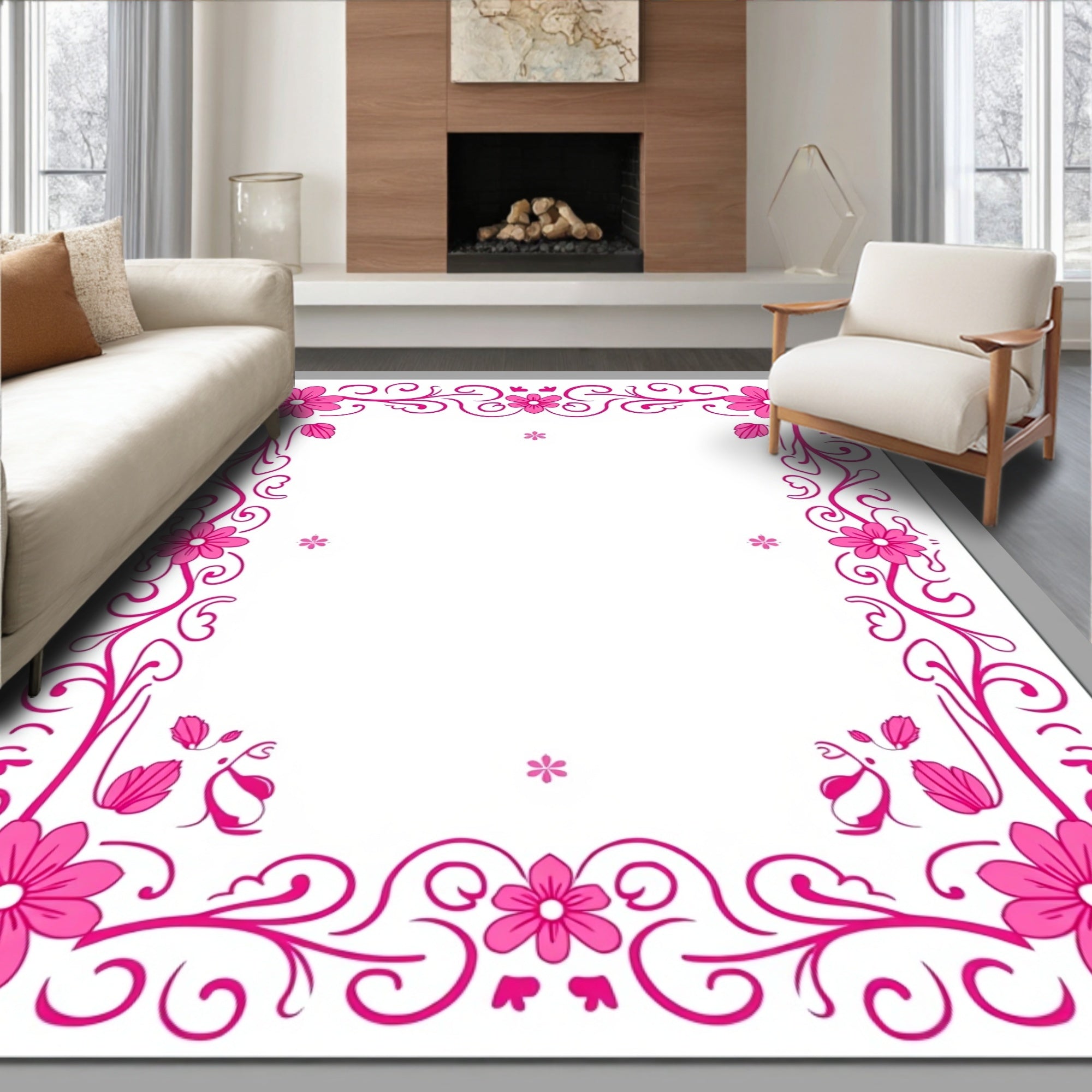 Bright Pink Floral Scroll Border Rug
