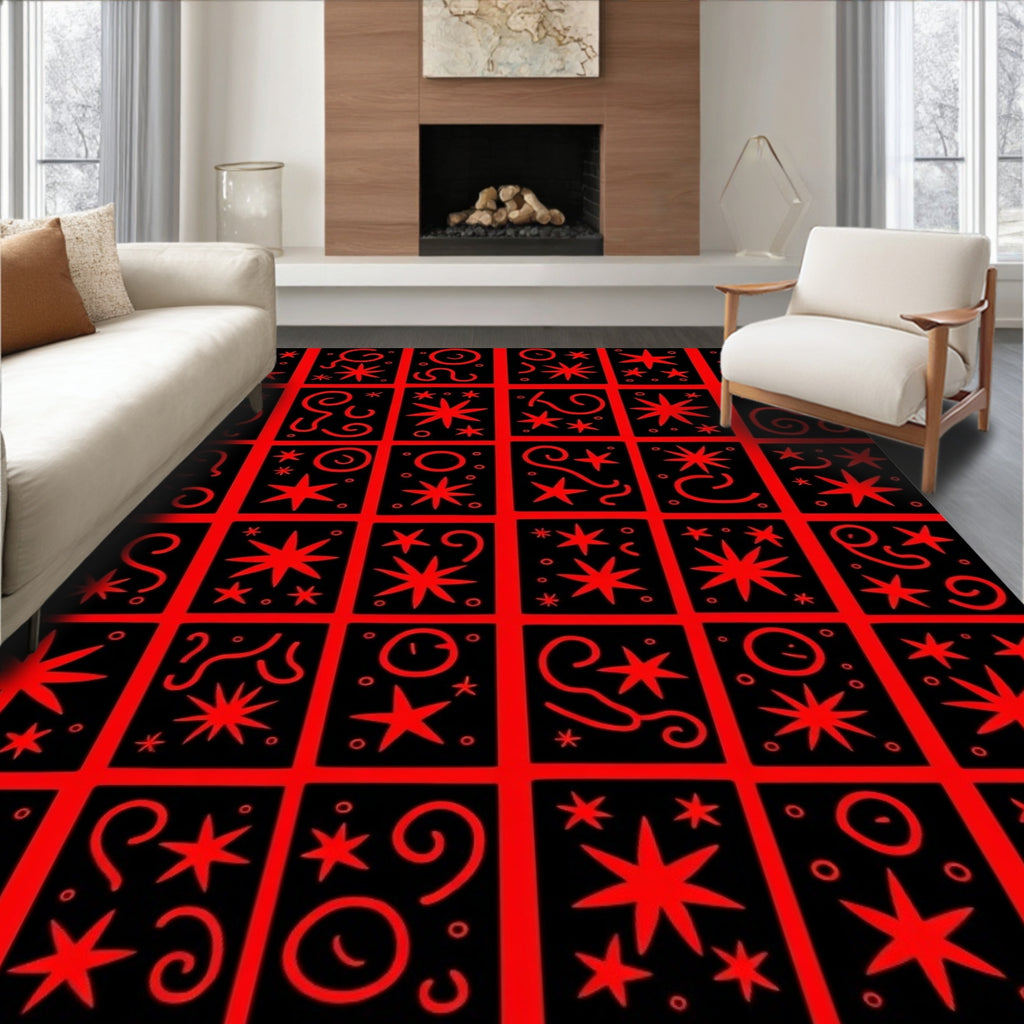 Bold Red Starburst Grid Rug