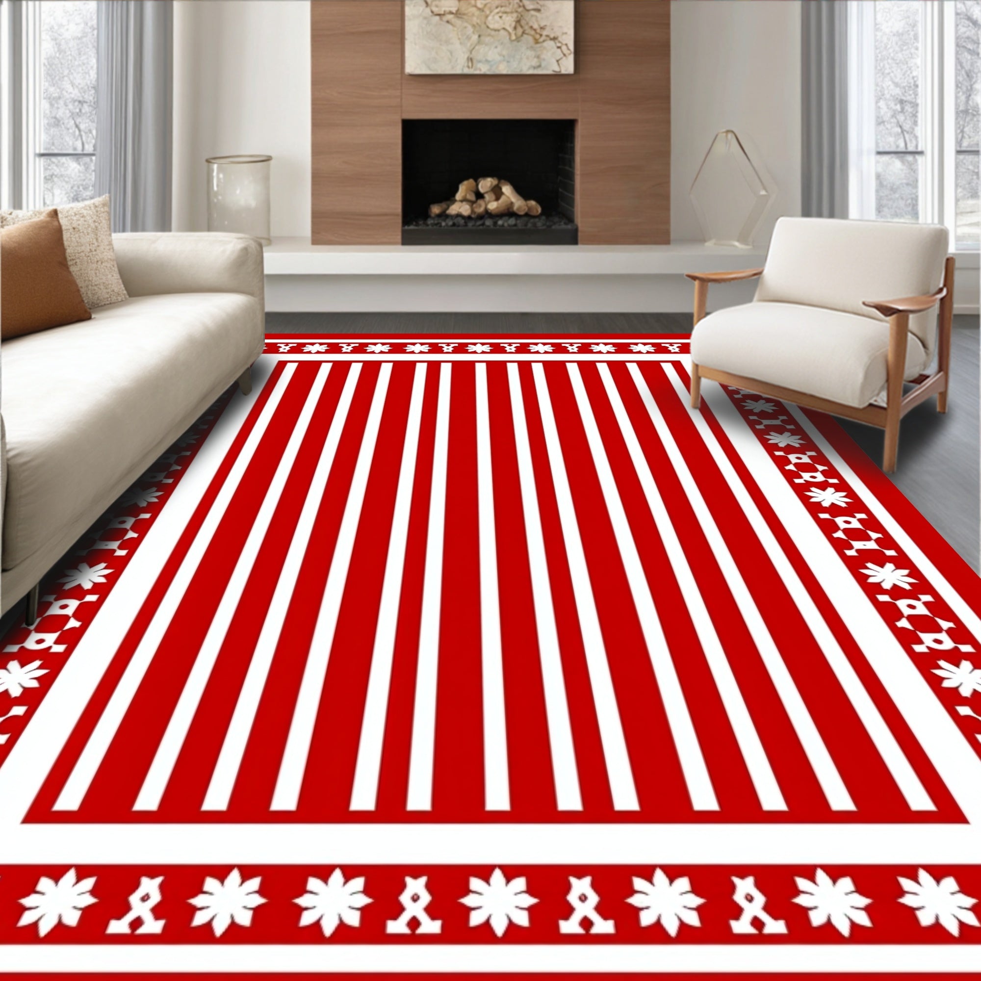 Red White Stripe Floral Border Rug