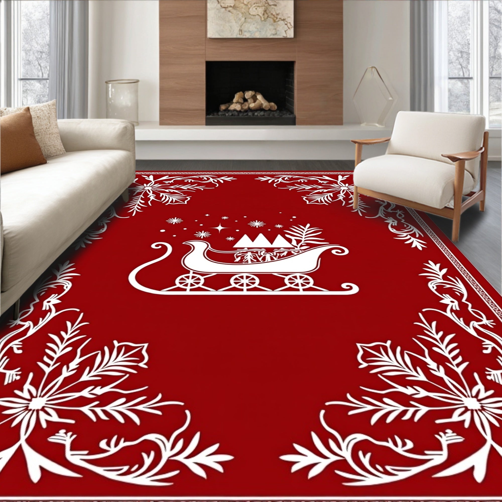 White Sleigh Snowflakes Festive Border Rug