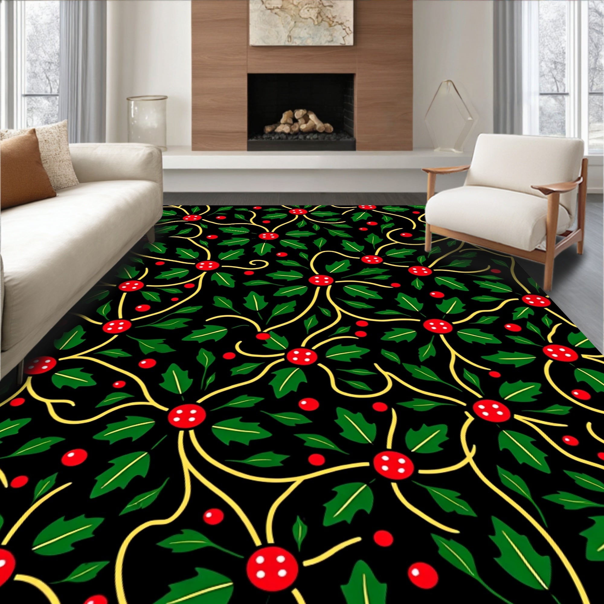 Festive Red Holly Berry Vines Rug