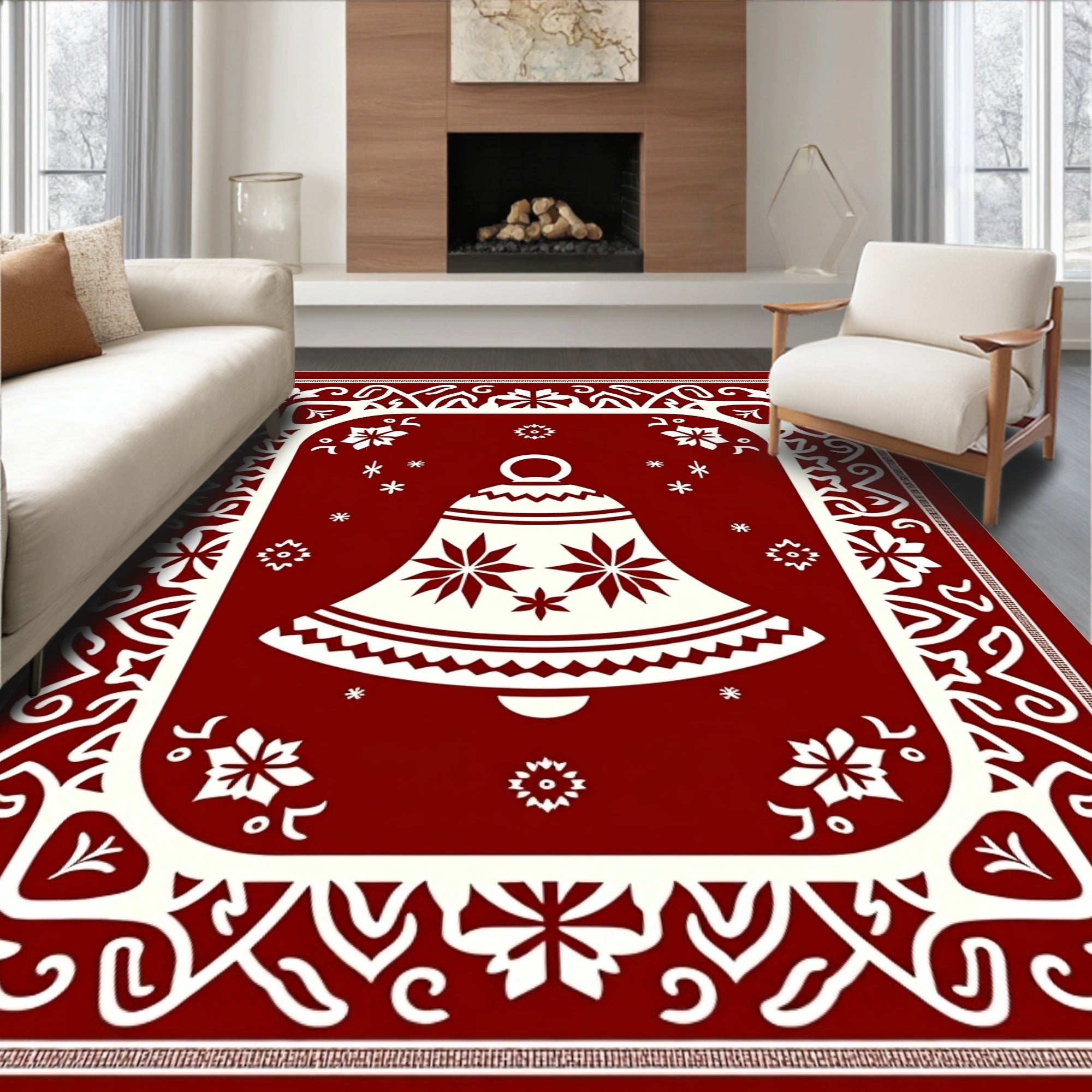Festive Red White Bell Holiday Decor Rug