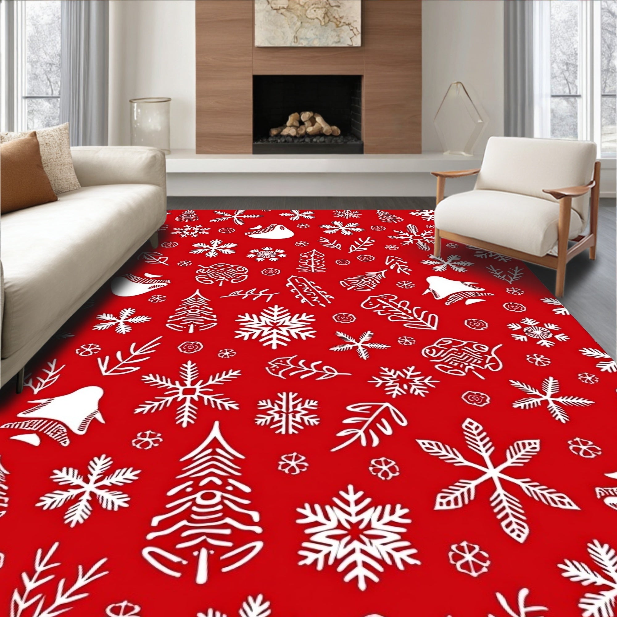Festive Red White Winter Snowflakes Trees Rug