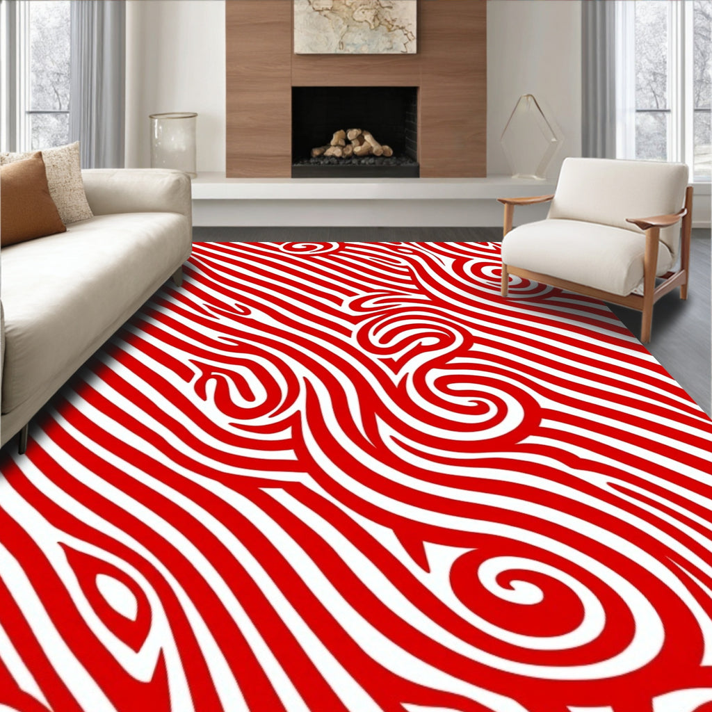 Curving Red White Stripe Swirl Abstract Rug