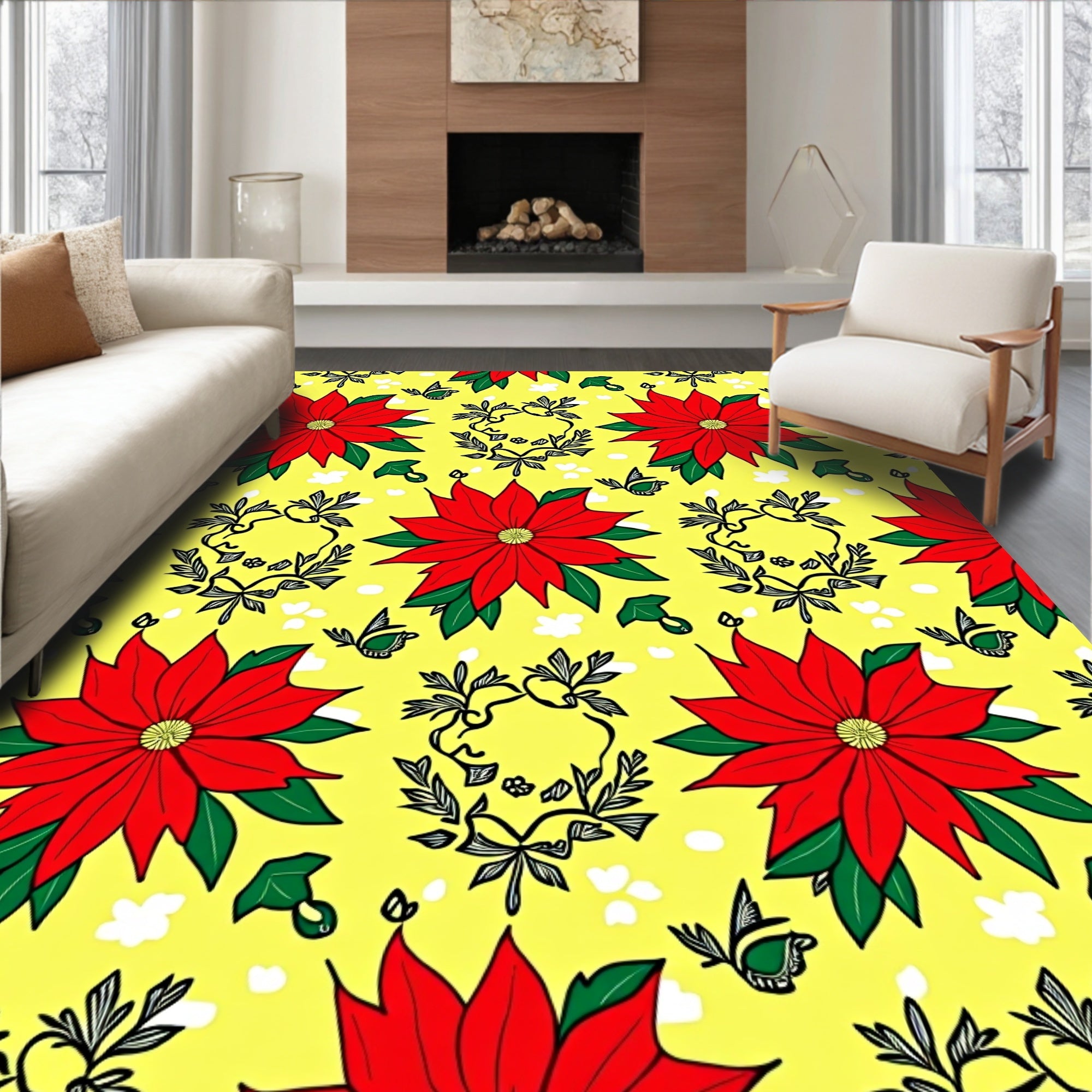 Red Poinsettia Yellow Floral Wreath Rug