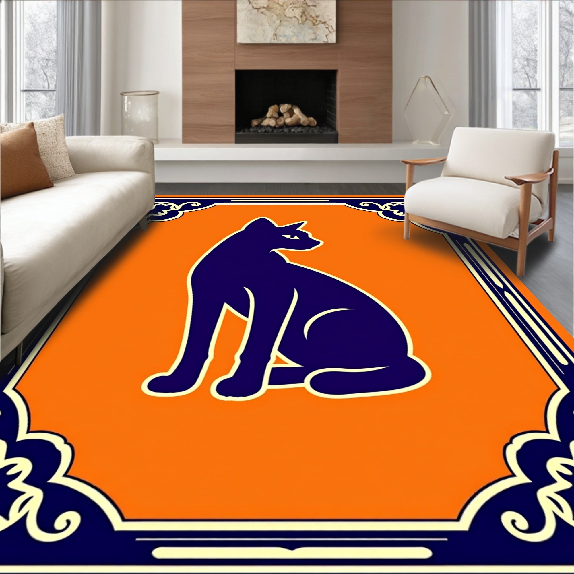 Orange Cat Silhouettes In Dark Frame Rug