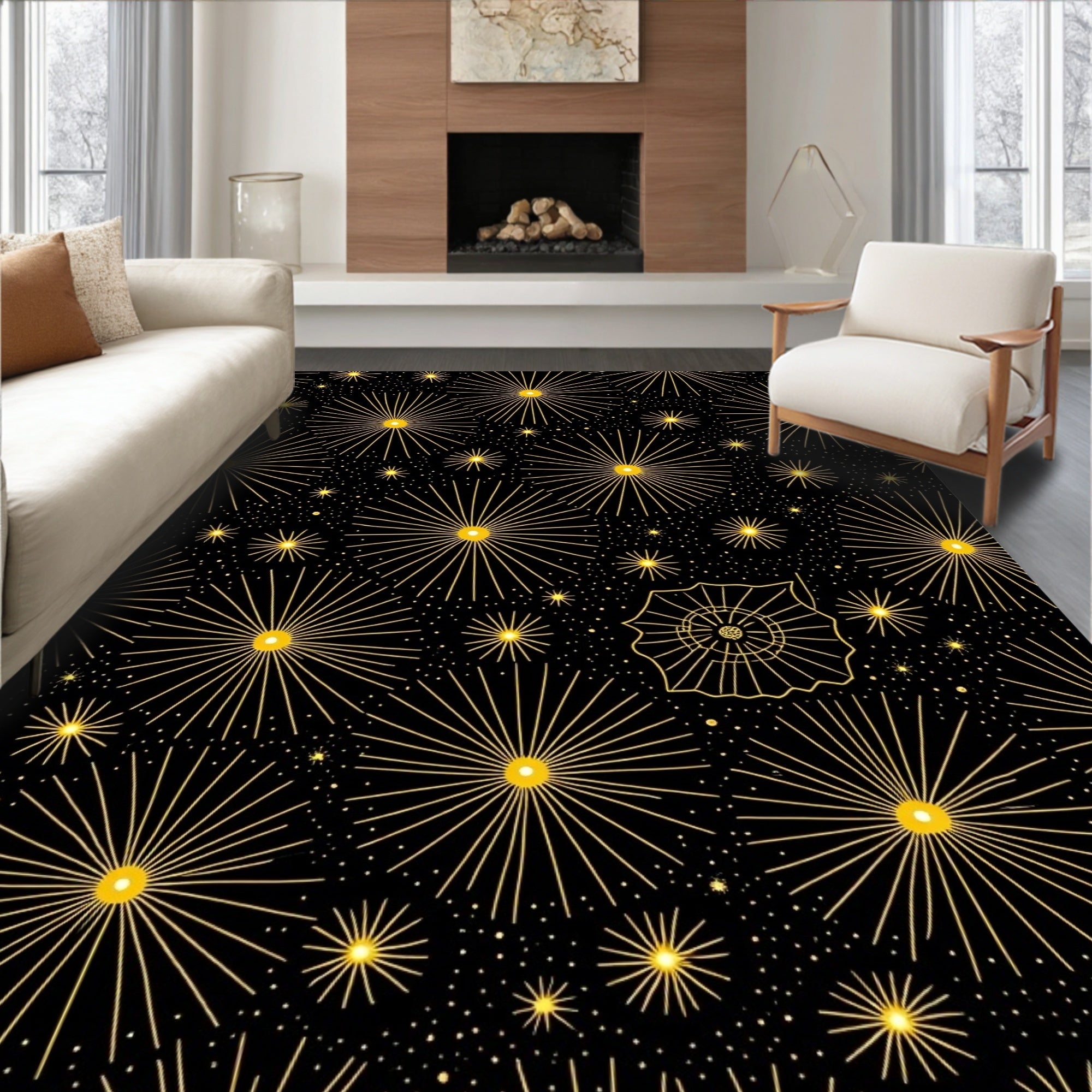 Golden Starbursts Black Night Rug