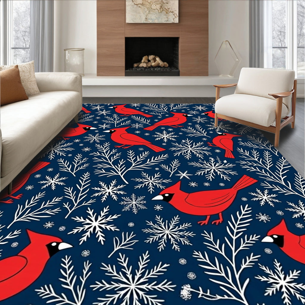 Crimson Cardinals Snowflakes Winter Scene Rug