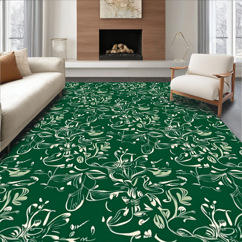 Emerald Green Whimsical Floral Swirl Rug