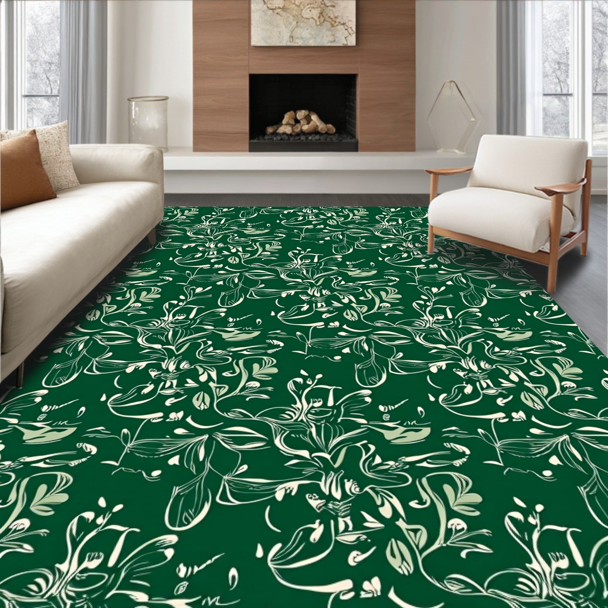 Emerald Green Whimsical Floral Swirl Rug