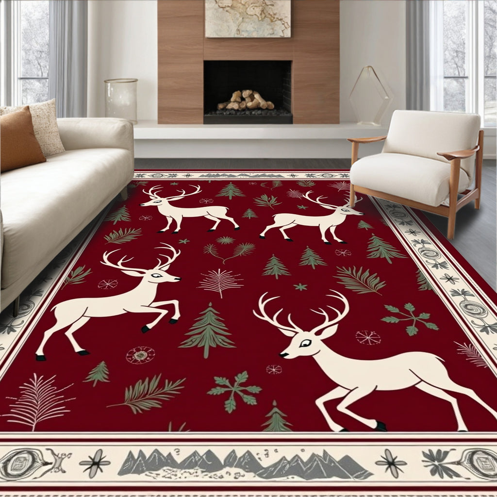 Cream Deer Forest Meadow Burgundy Rug