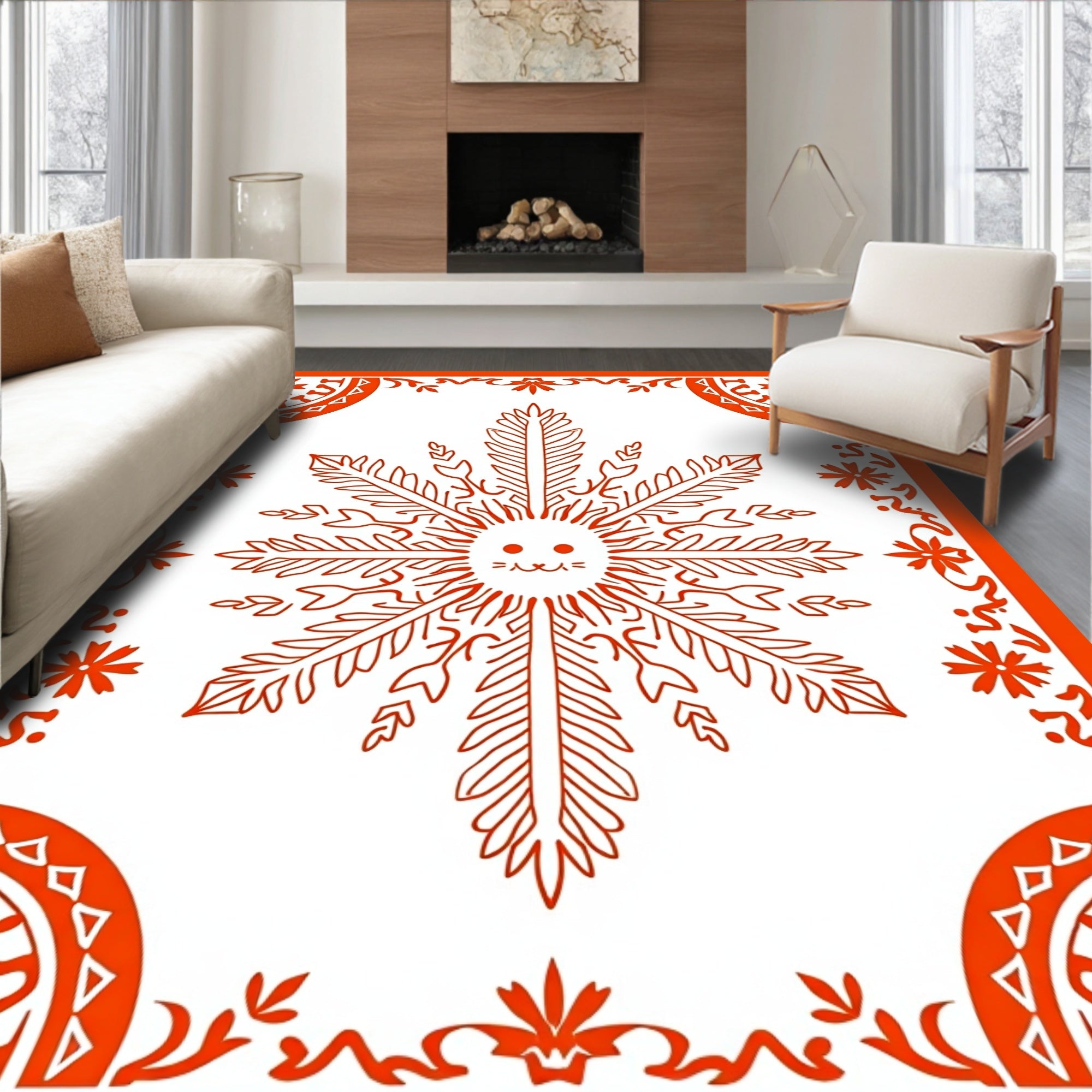 Whimsical Orange Sunburst Mandala Rug